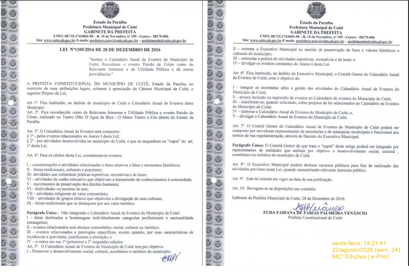Transcrição da Lei 1105/2016 (Calendário de eventos de Cuité-PB)
